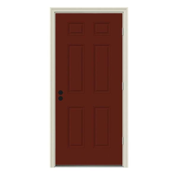 JELD-WEN 32 in. x 80 in. 6-Panel Mesa Red Painted Steel Prehung Left-Hand Outswing Front Door w/Brickmould