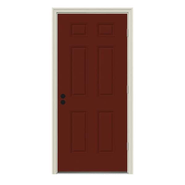 JELD-WEN 36 in. x 80 in. 6-Panel Mesa Red Painted Steel Prehung Left-Hand Outswing Front Door w/Brickmould