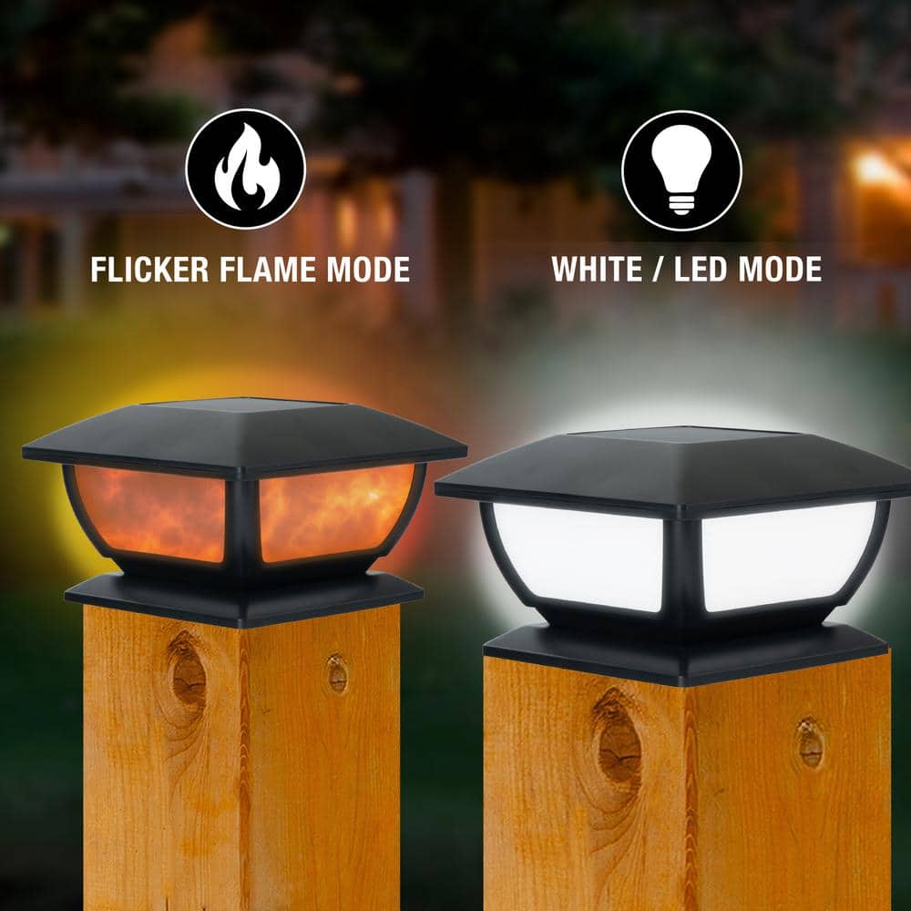 Black Plastic Solar Post Cap Lights with LED and Flame Effect