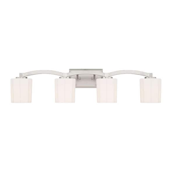 Whitney 33 in. 4-Light Satin Nickel Vanity Light with Fluted Opal Etched Glass Shades