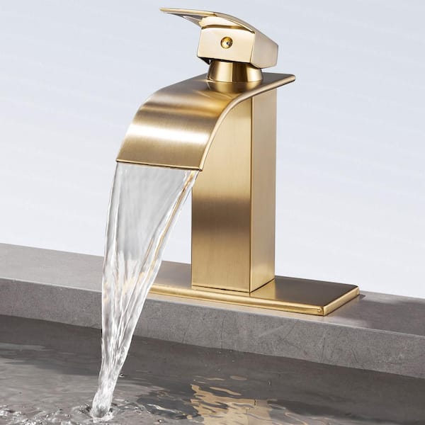 Single-Handle Arc Single-Hole Bathroom Faucet with Waterfall in Brushed Gold