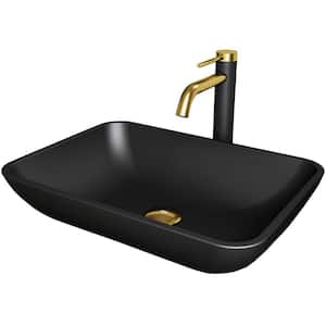 Matte Shell Sottile Glass Rectangular Vessel Bathroom Sink in Black with Lexington Faucet and Pop-Up Drain in Matte Gold