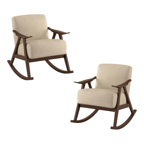 EVERGLADE HOME Bracco Light Brown Mid-Century Fabric Upholstery Solid Wood Rocking Chair (Set of 2)