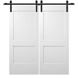 64 in. x 80 in. Smooth Monroe Primed Composite Double Sliding Barn Door with Matte Black Hardware Kit