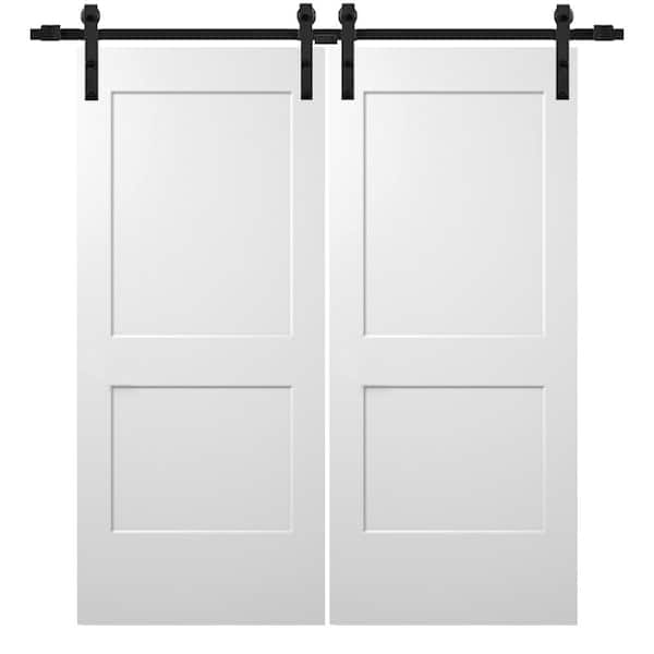 MMI DOOR 64 in. x 80 in. Smooth Monroe Primed Composite Double Sliding Barn Door with Matte Black Hardware Kit