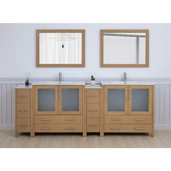 84 in. W x 18 in. D x 36 in. H Natural Oak Bath Vanity with White Ceramic Top and Mirror
