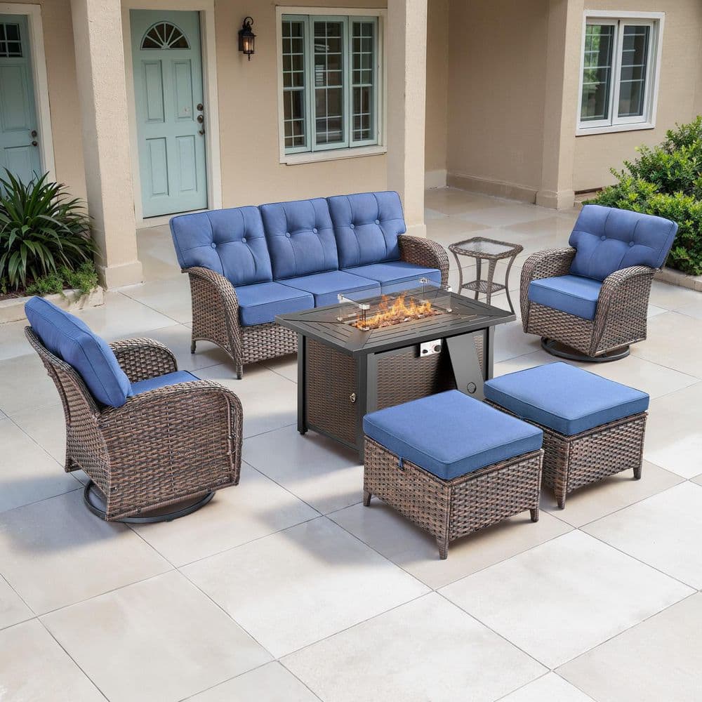 TWrap Brown 7-Piece Wicker Outdoor Patio All-Iron Fire Pit Deep Seating Set with Navy Blue Cushions and Swivel Gliders price history on PriceWatchPro
