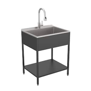 18 Gal. 22.1 in. D x 28 in. W Freestanding Laundry Sink with Cabinet in Matte Black with Faucet