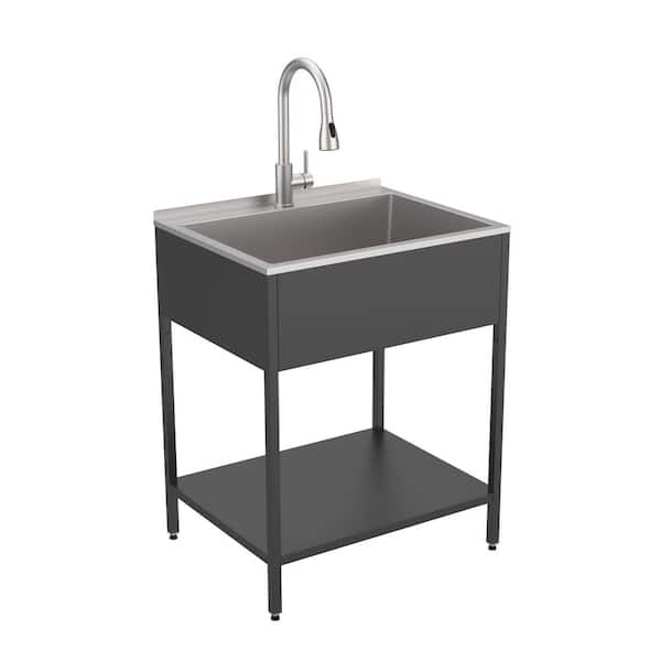 Transolid 18 Gal. 22.1 in. D x 28 in. W Freestanding Laundry Sink with Cabinet in Matte Black with Faucet
