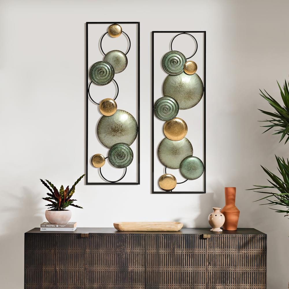 Green and Gold Metal Circles Wall Sculpture Set