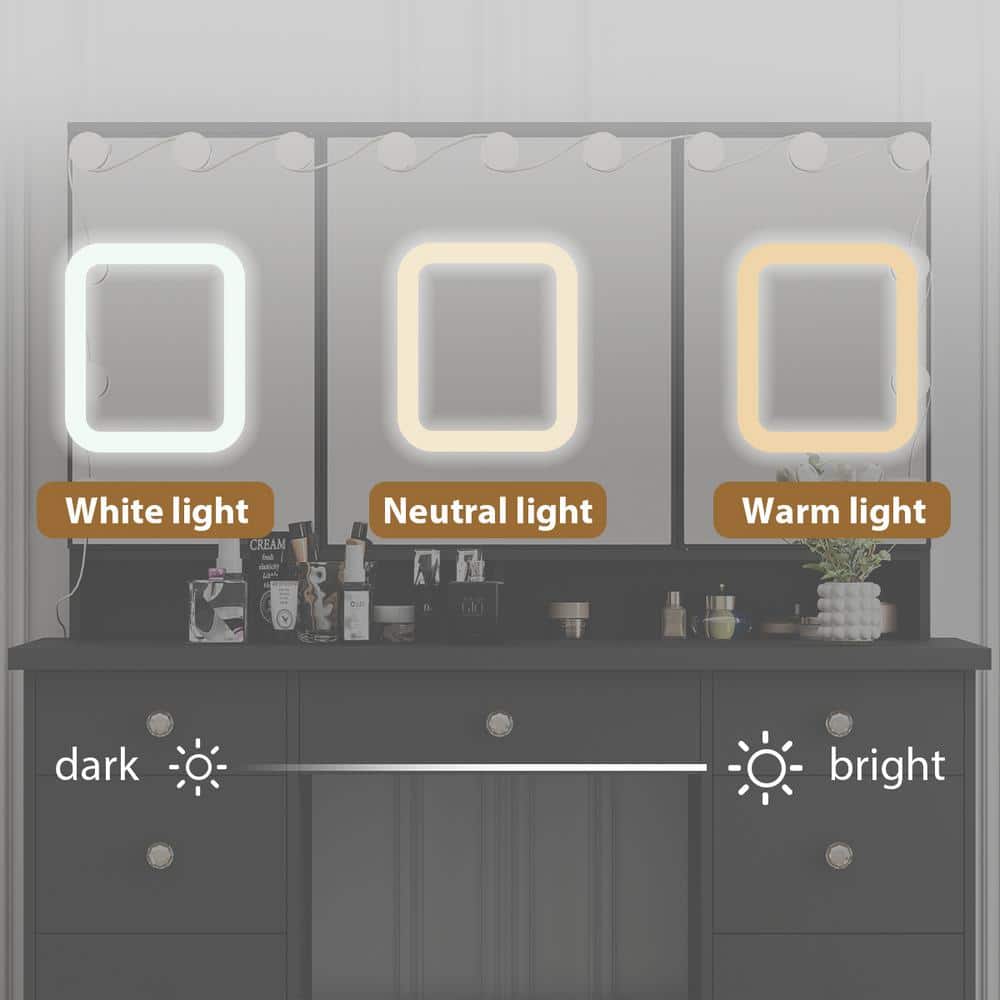 Black Modern Makeup Vanity Desk 9-Drawers Wood Dressing Table With 3-Mirrors, Hidden Storage Shelves, LED Bulb Lights - thumbnail 5