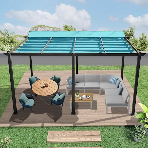 11 ft. x 16 ft. Dark Gray Aluminum Outdoor Retractable Pergola with Lake Blue Canopy, Patio Grill Gazebo