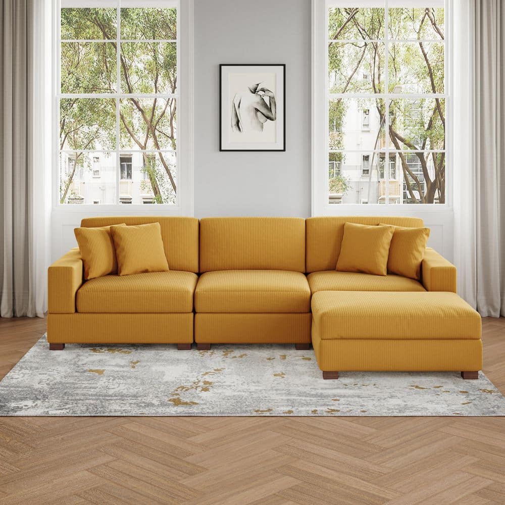 Uixe 118 in. W Modern Square Arm 4-Piece Corduroy Fabric L-Shaped