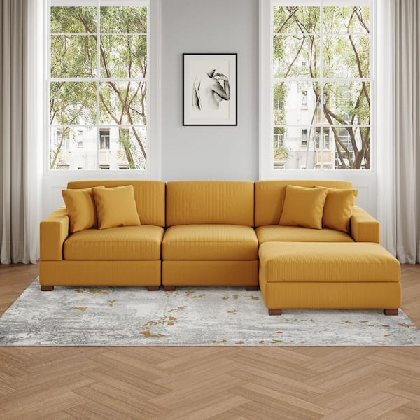 118 in. W Modern Square Arm 4-Piece Corduroy Fabric L-Shaped Sectional Sofa in. Orange