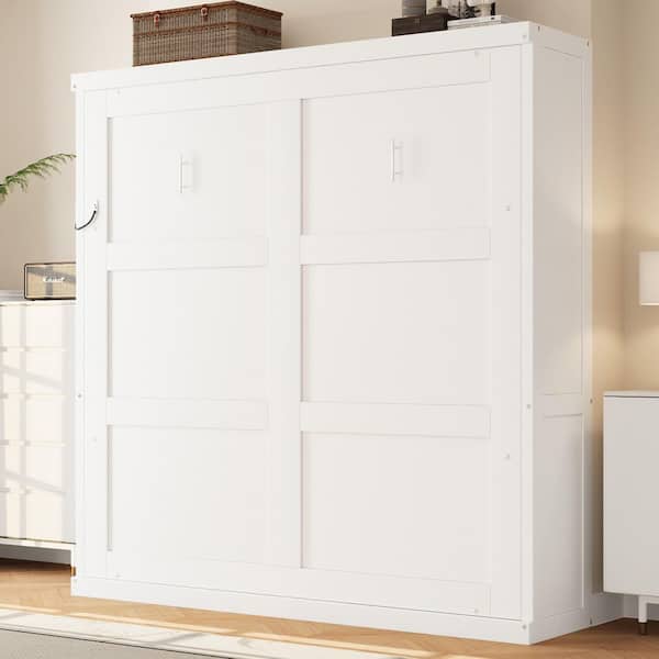 Bravella Modern White Finish Wood Frame Full Size Murphy Bed, Folding Wall Bed
