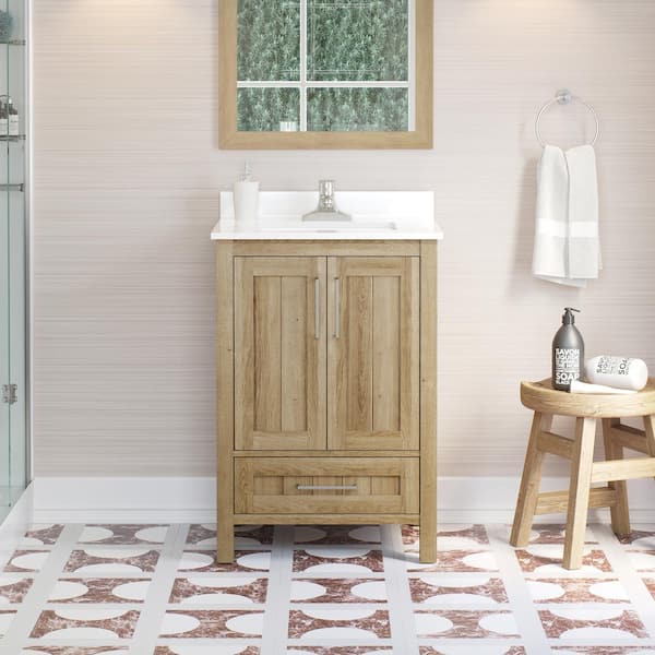 Kansas 24 in. Single Sink White Oak Bath Vanity with White Engineered Stone Top (Assembled)