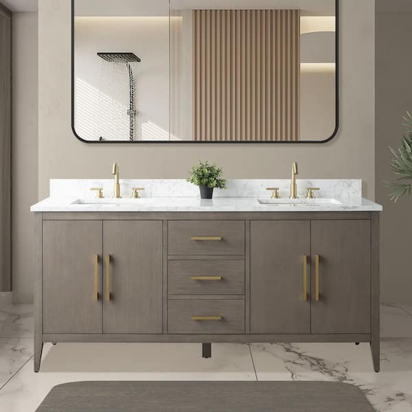 72 in. W x 22 in. D x 34 in. H Double-Sink Bath Vanity Driftwood Gray with Engineered Marble Top in in Arabescato White