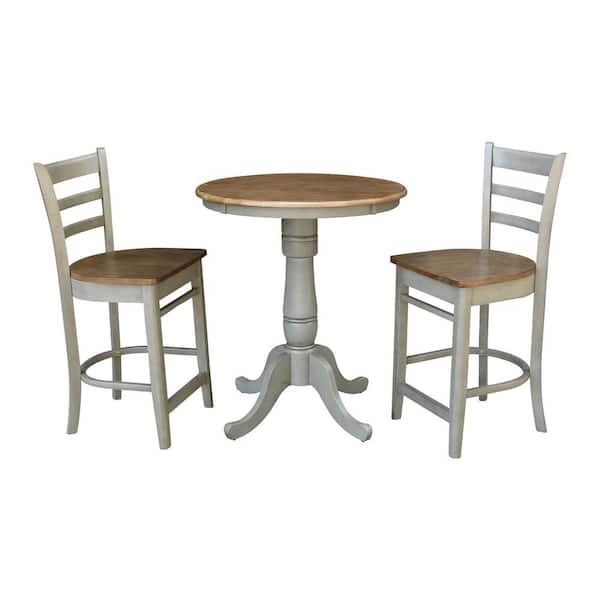 International Concepts Hampton 3-Piece 30 in. Hickory/Stone Round Solid Wood Counter Height Dining Set with Emily Stools