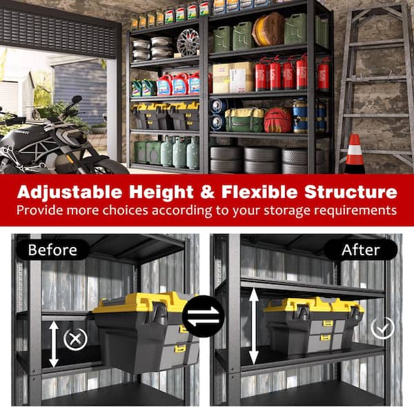 72 in. Tall Metal 5-Shelf Standard Bookcase with Adjustable Shelves, Heavy Duty Garage Storage Shelving Unit in Black