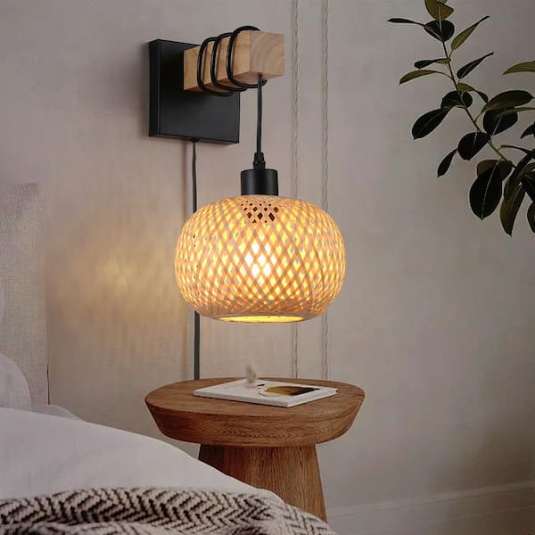 SUNLLOK Industrial 7.87 in. Bamboo 1-Light Wood Base Basket Plug in Wall Sconces, Rustic Adjustable Height Wall Lamp