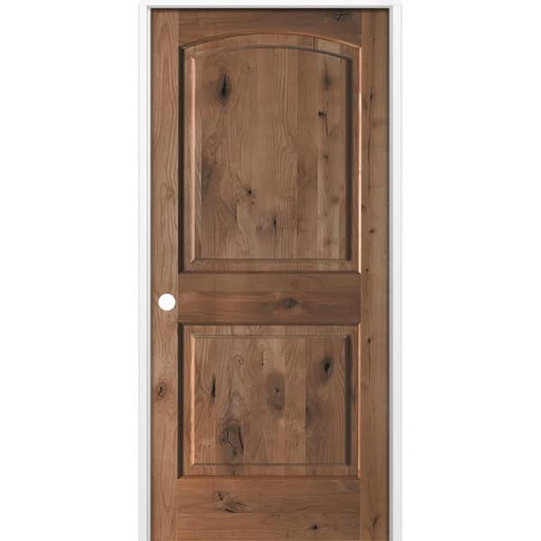 36 in. x 80 in. Rustic 2-Panel Arch Top Right-Hand True Black Stain Knotty Alder Wood Single Prehung Interior Door