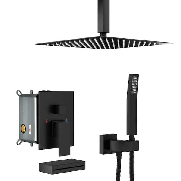 PERLIRIA INC Single Handle 12 in. 1-Spray Tub and Shower Faucet with Handheld Shower 1.8 GPM in. Matte Black Valve Included