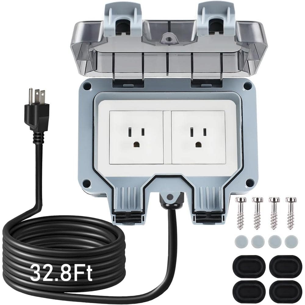 2-Outlet Outdoor Double Plug Extender with 32.8 ft. Extension Cord and Cove