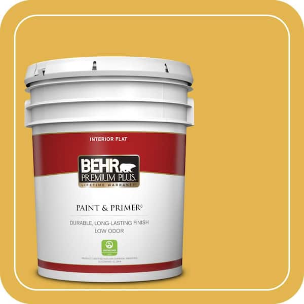 BEHR PREMIUM PLUS 5 gal. #360D-6 Yellow Gold Flat Low Odor Interior Paint & Primer