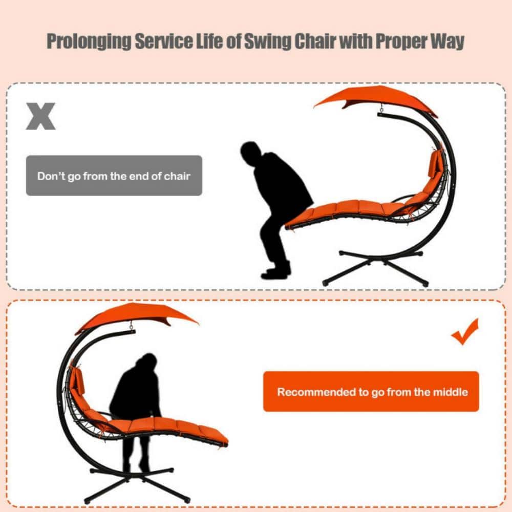 Orange Hanging Chaise Lounge Chair with Cushions and Canopy