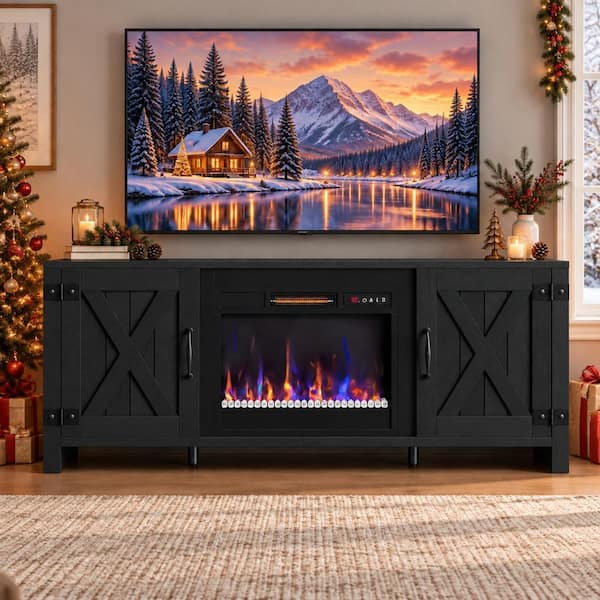 Farmhouse 63 in. Fireplace TV Stand for TVs Up to 70 in. Entertainment Center Electric Heater, Remote Control Black
