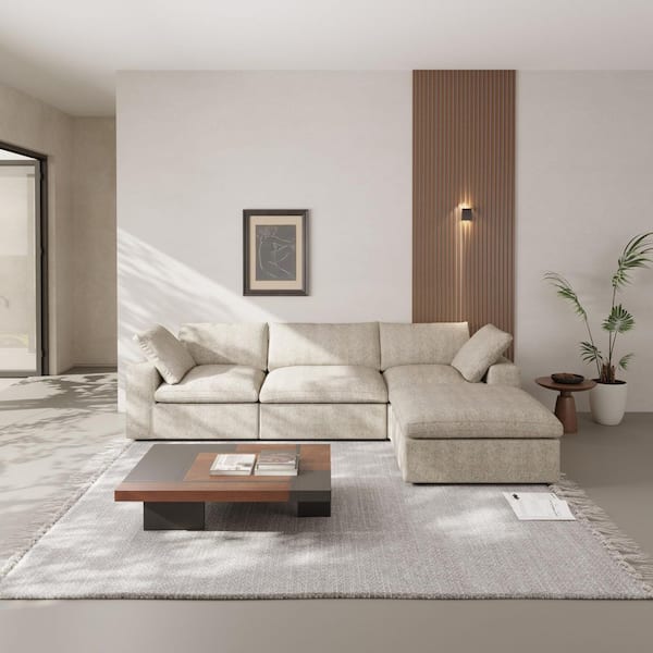 120.31 in. Square Arm Linen 4-Piece L Shaped Free Combination 4-Seater Sectional Sofa with Ottoman in. Light Brown