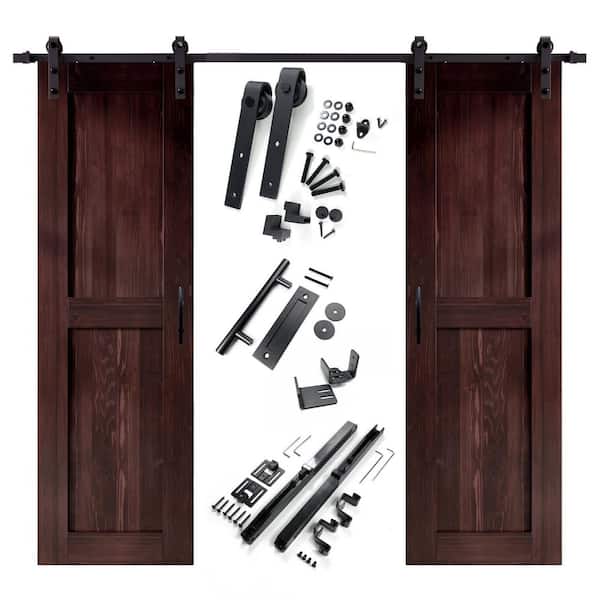 HOMACER 26 in. x 84 in. H-Frame Red Mahogany Double Pine Wood Interior Sliding Barn Door with Hardware Kit Non-Bypass