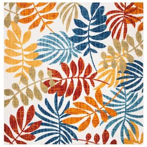 Cabana Cream/Red 3 ft. x 3 ft. Abstract Palm Leaf Indoor/Outdoor Patio  Square Area Rug