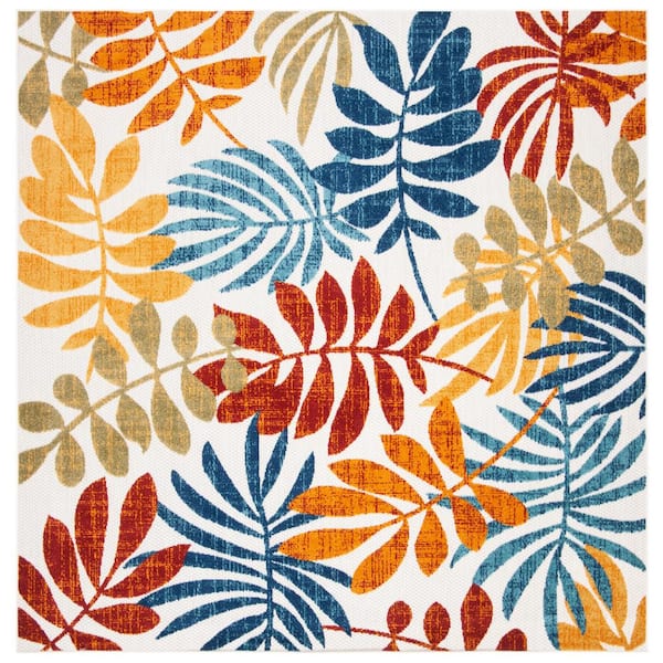 SAFAVIEH Cabana Cream/Red 3 ft. x 3 ft. Abstract Palm Leaf Indoor/Outdoor Patio  Square Area Rug