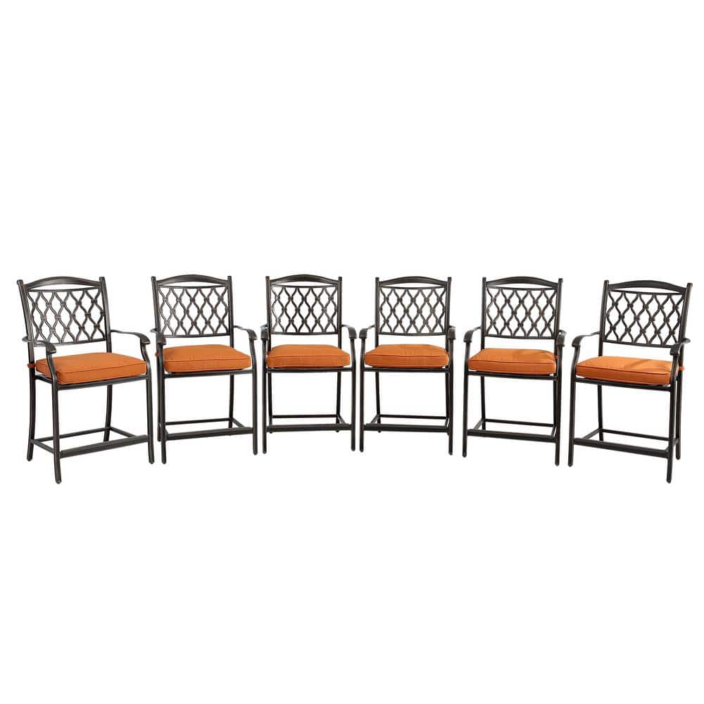Mondawe Charcoal Gray Cast Aluminum Curved Backrest Chair Outdoor Dining Bar High Chairs with Orange Cushions (Set of 6) -  21OD066163OR