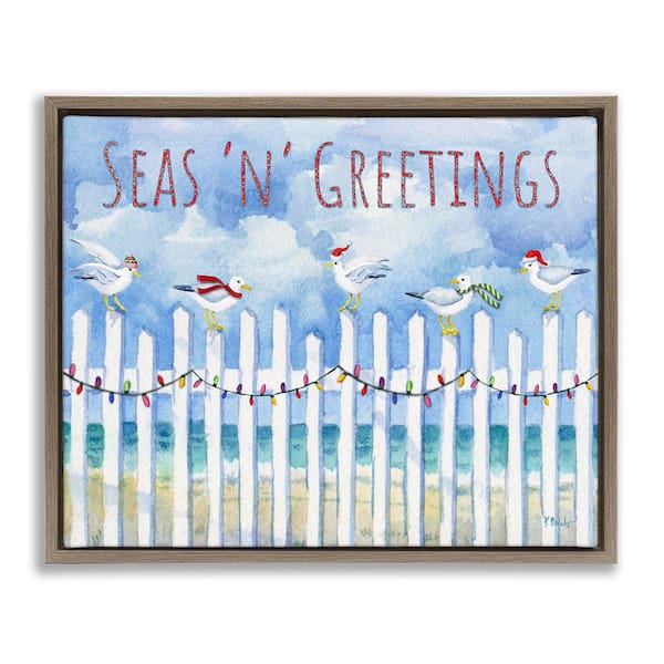 Stupell Industries Seas 'n' Greetings Seagulls by Paul Brent Brown Floater Frame Animal Graphic Art Print 17 in. x 21 in.