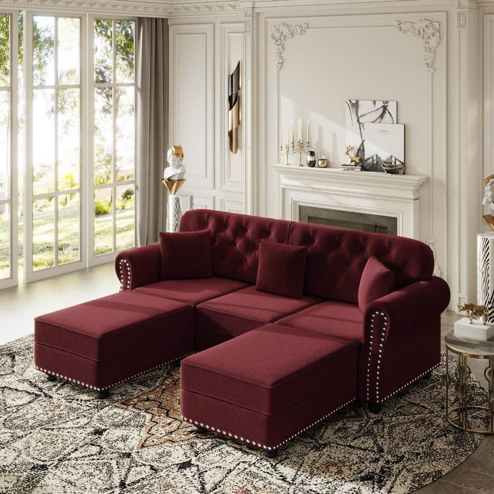 Burgundy 82.6 in. Velvet Upholstered Tufted Sofa with 2 Ottomans and 3 Pillows price history on PriceWatchPro