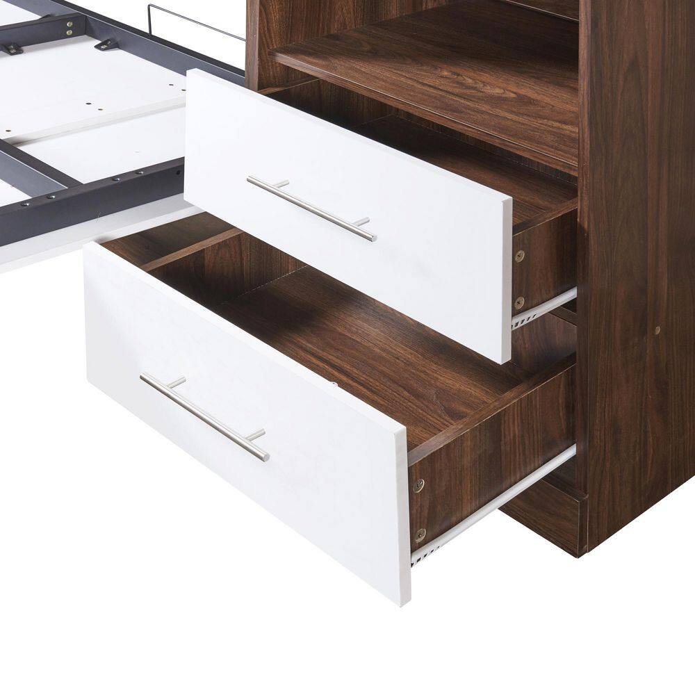 White and Brown Wood Frame Full Size Murphy Bed, Wall Bed with Cabinet - thumbnail 9