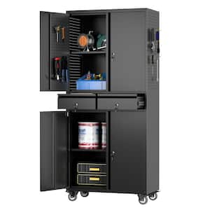 15 in. D x 29 in. W x 71 in. H Metal Storage Freestanding Cabinet with 2-drawer, 2-shelf and Wheels in Black