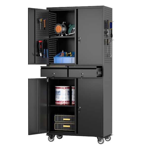 Kaikeeqli 15 in. D x 29 in. W x 71 in. H Metal Storage Freestanding Cabinet with 2-drawer, 2-shelf and Wheels in Black