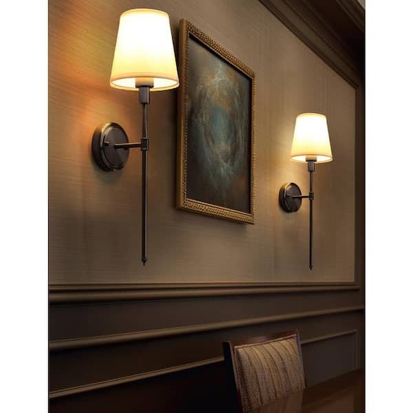 6.3 in. 1-Light Black Industrial Wall Sconce, Design with White Fabric Shade for Bedroom and Bathroom (2-Pack)