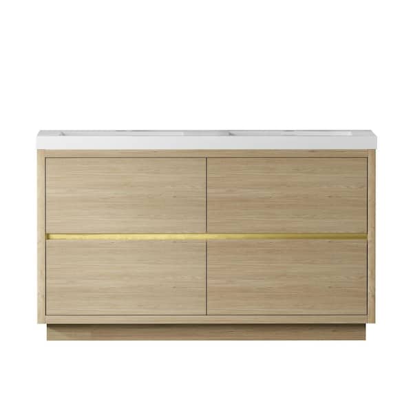TCYO 60 in. Freestanding Natural Oak Bath Vanity with Glossy White Solid Surface Top Assembled