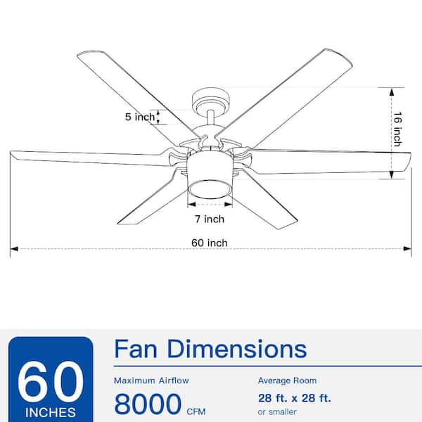 60 in. Indoor Matt Black Ceiling Fan with Dimmable Led Light and Remote Control For Living Room