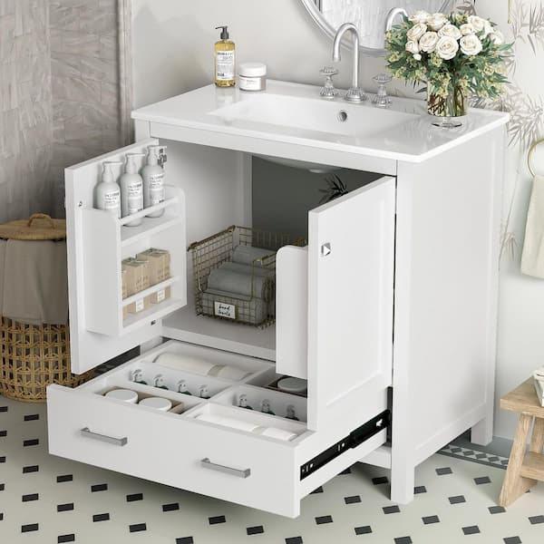 Zeafive Solid Wood 30 in. W Single Sink Freestanding White Bath