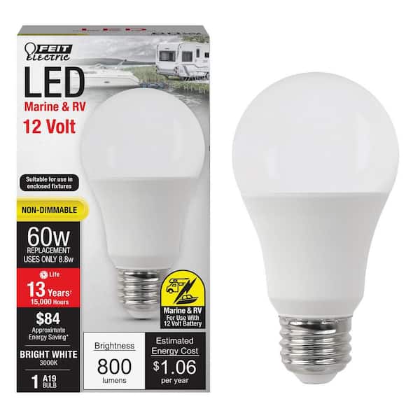 60-Watt Equivalent A19 12-Volt RV/Marine Non-Dimmable E26 LED Light Bulb, Bright White 3000K