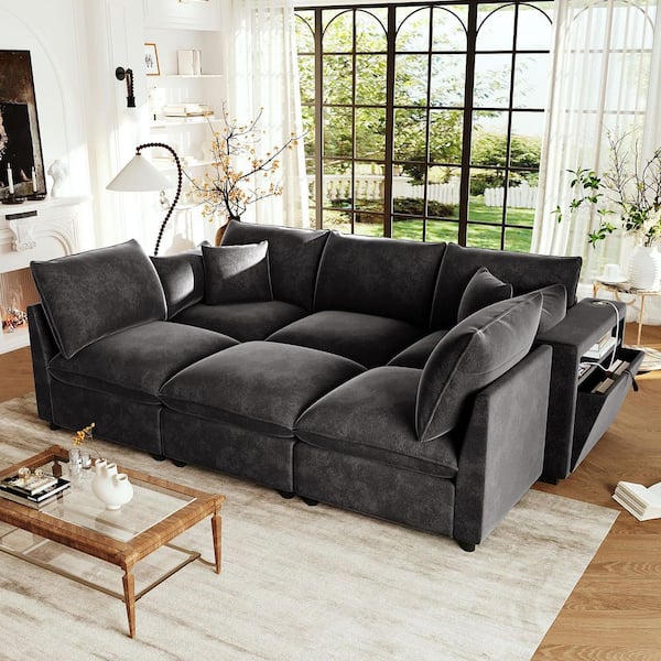 93.7 in. Modular Square Arm Chenille with a Movable Ottoman, Storage Armrests and USB Ports Sectional Sofa in Black