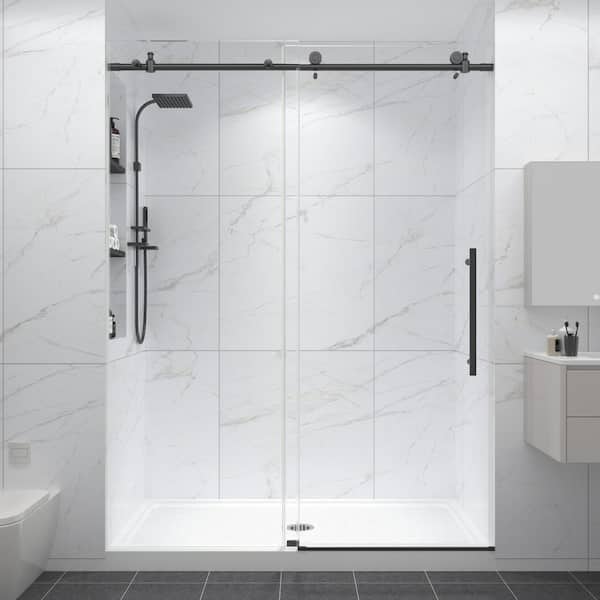 56 to 60 in. W x 76 in. H Frameless Sliding Shower Door in Matte Black with 1/4 in. Clear Glass