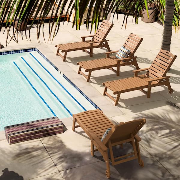 LUE BONA Hampton Teak Patio Plastic Outdoor Chaise Lounge Chair with Adjustable Backrest Pool Lounge Chair and Wheels Set of 4