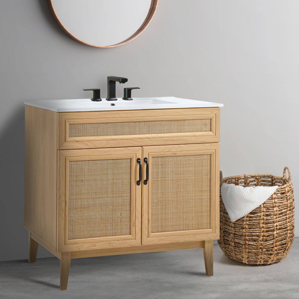 Javer 36" Oak Rattan Modern Farmhouse Bath Vanity Cabinet
