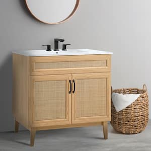 Javer 36 in. W x 18 in. D x 33 in. H Rattan 2-Shelf Bath Vanity Cabinet without Top (Sink Basin not Included), Oak